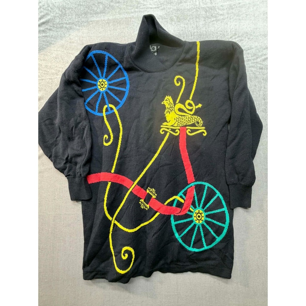 Laurel by Escada 100% New Wool Sweater Size‎ 34 Black Wheels Ribbon Print